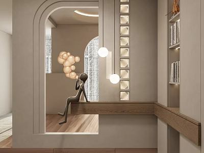 Modern Entryway Hallway Interior With Arched Doorway Pendant Lights And Decorative Figurine 3d model