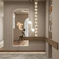 Modern Entryway Hallway Interior With Arched Doorway Pendant Lights And Decorative Figurine