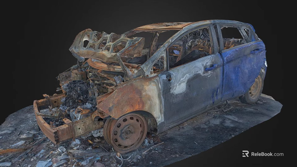 Burnt Car Wreckage With Rusted Body And Charred Interior Debris 3d model 