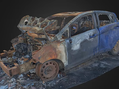 Burnt Car Wreckage With Rusted Body And Charred Interior Debris 3d model