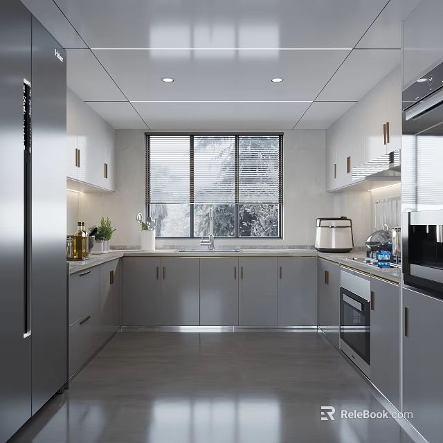 Modern Kitchen Interior With White Cabinets Stainless Steel Refrigerator And Appliances 3d model 
