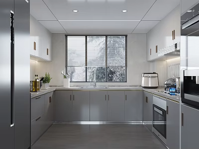 Modern Kitchen Interior With White Cabinets Stainless Steel Refrigerator And Appliances 3d model