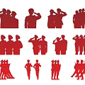 Multiple People Silhouettes in Red and Gray with Various Standing Saluting Poses