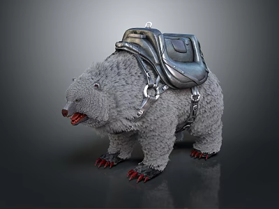 Gray Furry Animal Carrying Silver Backpack With Metal Buckles Red Claws Open Mouth 3d model