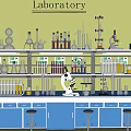 Laboratory Shelves Stocked With Microscope Beakers Test Tubes Distillation Apparatus And Blue Cabinets