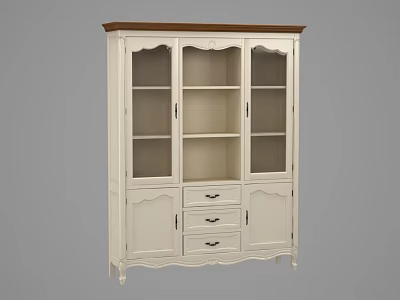 White Bookcase Interior With Brown Top Glass Doors Drawers And Cabinet Design 3d model