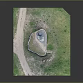Outdoor Circular Bunker Structure In Square Green Grassy Area With Dirt Path And Stone Steps