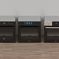 Modern Kitchen Appliances Featuring Three Black Ovens With Different Control Panels 3d model