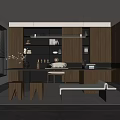 Modern Tea Room Interior Design With Wooden Walls Shelves Long Table And Decorations