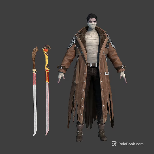Mystical Fantasy Character Creature Wearing Brown Long Coat Bandages Clawed Hands and Swords 3d model 