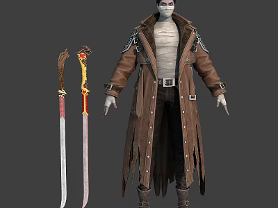 Mystical Fantasy Character Creature Wearing Brown Long Coat Bandages Clawed Hands and Swords 3d model