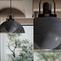 Modern Black Dome Shaped Pendant Light with Perforated Grid Pattern Hanging in Indoor Space 3d model
