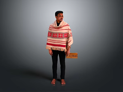 Man Wearing Red And White Striped Poncho With Patterns Holding Wooden Box Against Gray Background 3d model