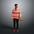 Man Wearing Red And White Striped Poncho With Patterns Holding Wooden Box Against Gray Background