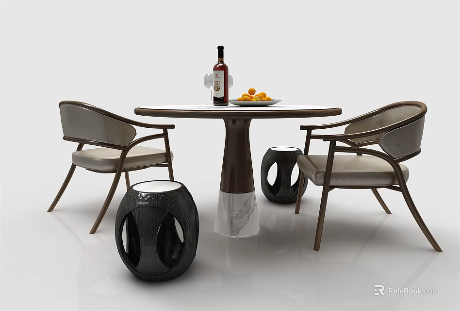 Dining Table Set with Two Chairs Black Stools Wine Bottle and Fruit Plate 3d model