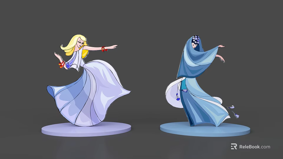 Two Women Dancing In Traditional Attire With White Dress Blue Robe And Round Base 3d model 