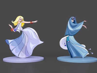Two Women Dancing In Traditional Attire With White Dress Blue Robe And Round Base 3d model
