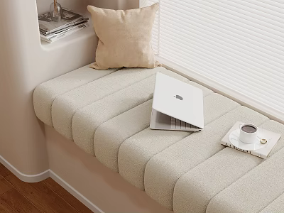 Cozy Window Seat Nook With Beige Cushion Open Laptop Coffee Cup And Tray 3d model