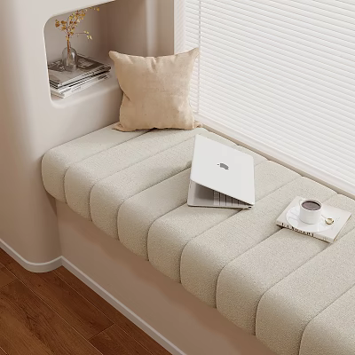 Cozy Window Seat Nook With Beige Cushion Open Laptop Coffee Cup And Tray 3d model