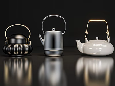 Decorative Ornament Set Featuring Three Teapots With Golden Handles In Different Colors On Black Surface 3d model