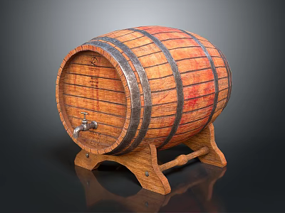 Rustic Wooden Barrel With Metal Hoops And Tap On Sturdy Stand 3d model