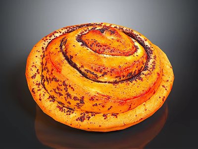 Golden Brown Swirl Baked Pastry Topped With Poppy Seeds On Dark Surface 3d model