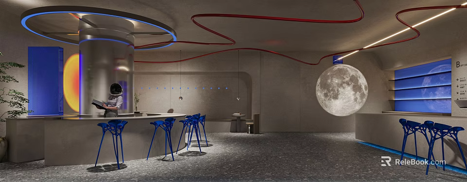 Modern Interior Space With Blue Bar Stools Moon Decoration Red Blue Curves And Gray Walls 3d model 