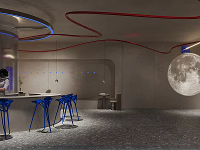 Modern Interior Space With Blue Bar Stools Moon Decoration Red Blue Curves And Gray Walls 3d model