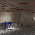 Modern Interior Space With Blue Bar Stools Moon Decoration Red Blue Curves And Gray Walls
