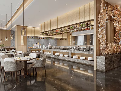 Elegant Luxurious Restaurant Interior With Dining Tables Bar Counter And Decorative Flowers 3d model