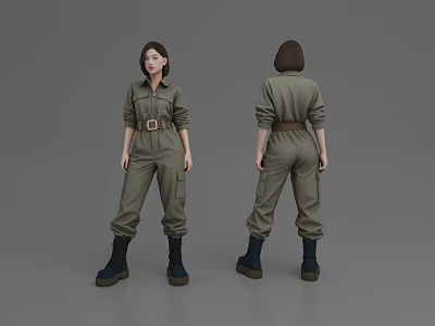 Woman In Green Cargo Jumpsuit With Belt And Black Boots Standing Pose 3d model