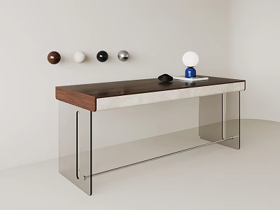 Modern Wooden Top Desk With Clear Acrylic Legs Wall Decor Balls And Table Lamp Mouse 3d model