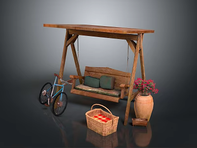 Wooden Swing Chair Setup With Blue Bicycle Plaid Basket And Terracotta Vase With Red Flowers 3d model