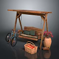 Wooden Swing Chair Setup With Blue Bicycle Plaid Basket And Terracotta Vase With Red Flowers