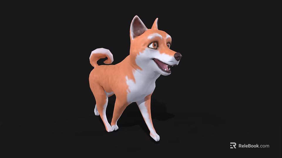 Cute Orange And White Cartoon Shiba Inu With Curled Tail On Black Background 3d model 