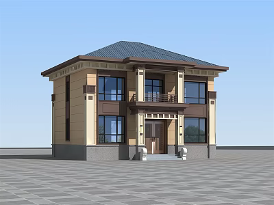 Two Story Detached Villa With Blue Roof Beige Exterior And Porch 3d model