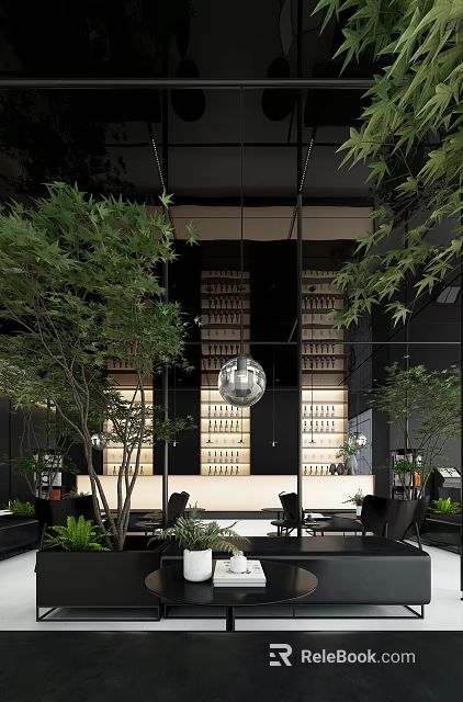 Modern Lounge Area Interior With Green Plants Spherical Pendant Light And Bookshelves 3d model 