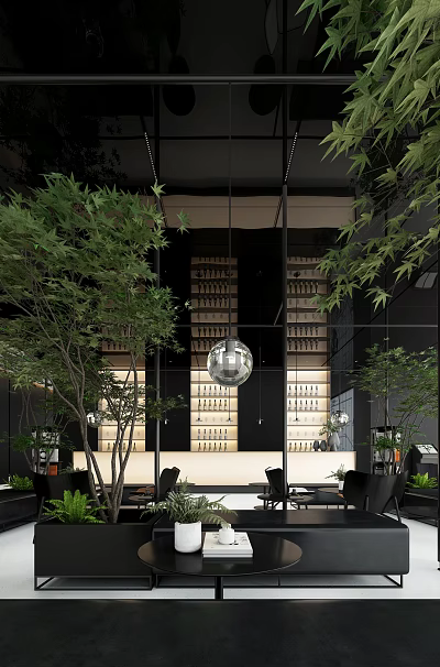 Modern Lounge Area Interior With Green Plants Spherical Pendant Light And Bookshelves 3d model