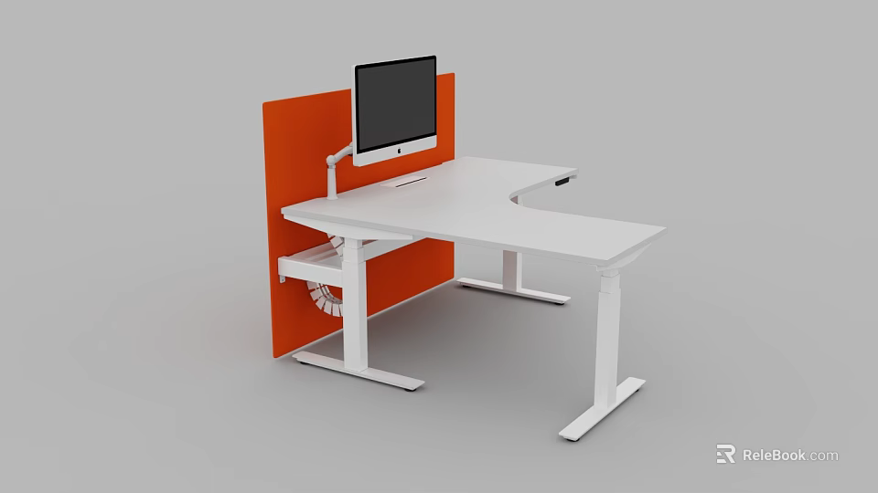 Modern White Office Desk With Orange Partition And Black Computer Monitor 3d model 