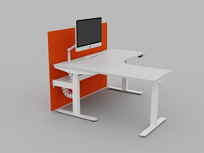 Modern White Office Desk With Orange Partition And Black Computer Monitor 3d model