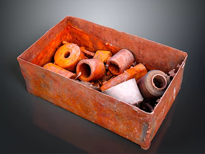 Assorted Hardware Tools in Rusty Metal Box with Pipes Rings and Components 3d model