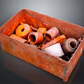 Assorted Hardware Tools in Rusty Metal Box with Pipes Rings and Components 3d model