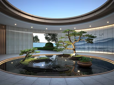 Modern Courtyard Garden Design with Circular Pond Bonsai Pine Trees Curved Ceiling and Mountain Landscape 3d model