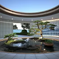 Modern Courtyard Garden Design with Circular Pond Bonsai Pine Trees Curved Ceiling and Mountain Landscape