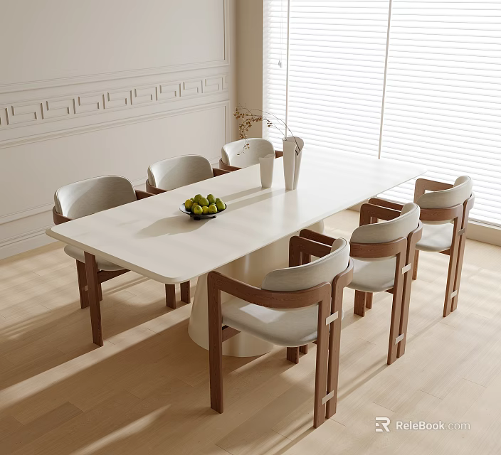Modern Minimalist Dining Interior With White Table Six Chairs Light Gray Cushions Wooden Legs 3d model 