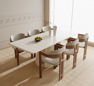 Modern Minimalist Dining Interior With White Table Six Chairs Light Gray Cushions Wooden Legs 3d model
