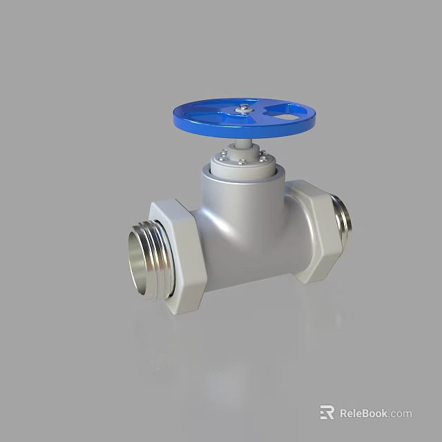 Silver Metal Pipe Featuring Blue Valve Handle And Threaded End Connections 3d model 