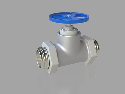 Silver Metal Pipe Featuring Blue Valve Handle And Threaded End Connections 3d model