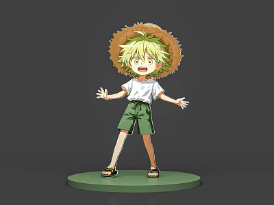 Anime Man With Straw Hat Green Hair White T-shirt Green Shorts Sandals On Green Base 3d model