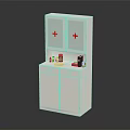 White Medical Cabinet With Red Cross Glass Doors And Medicine Bottles On Top